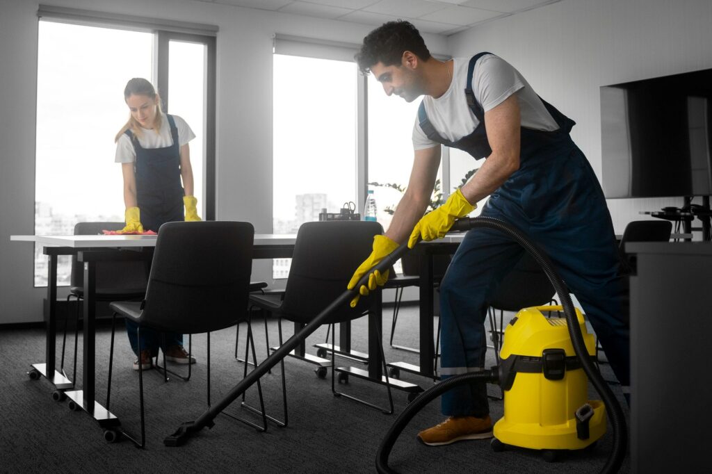 Professional cleaner vacuuming a carpet in a bright, tidy room